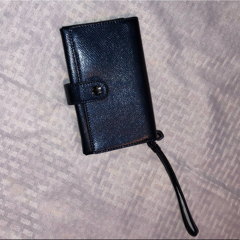 Metallic midnight Coach wristlet with phone pocket